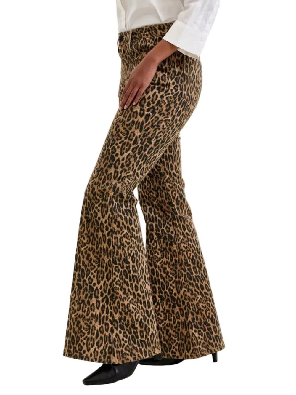 Judy Blue Jacqueline Mid-Rise Slim Fit Wide Flare Leg Denim Leopard Jean Pants - Picture 7 of 10